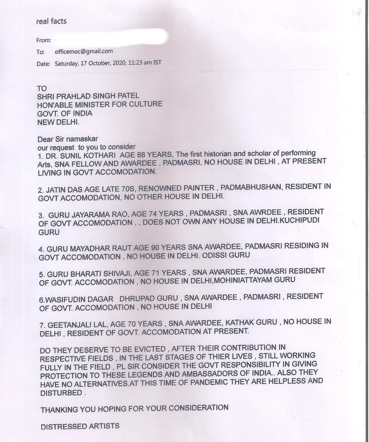 One of the letters sent to the Ministry of Culture on 17 October.