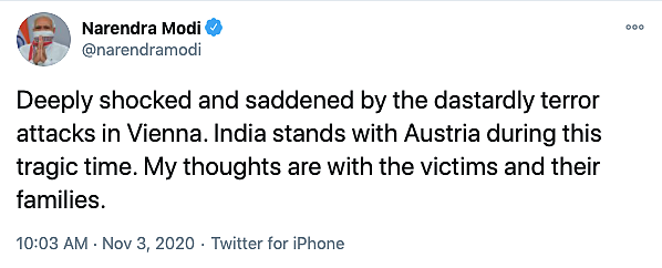PM Modi Expresses Shock at Attack in Vienna That Killed Four