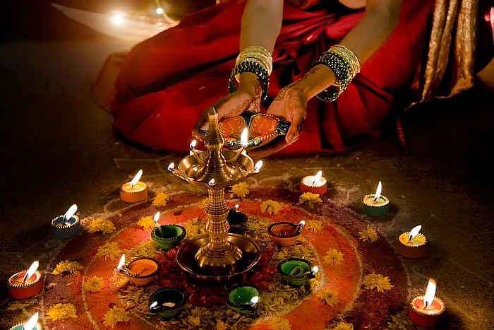 Chhoti Diwali Puja and rangoli photo.