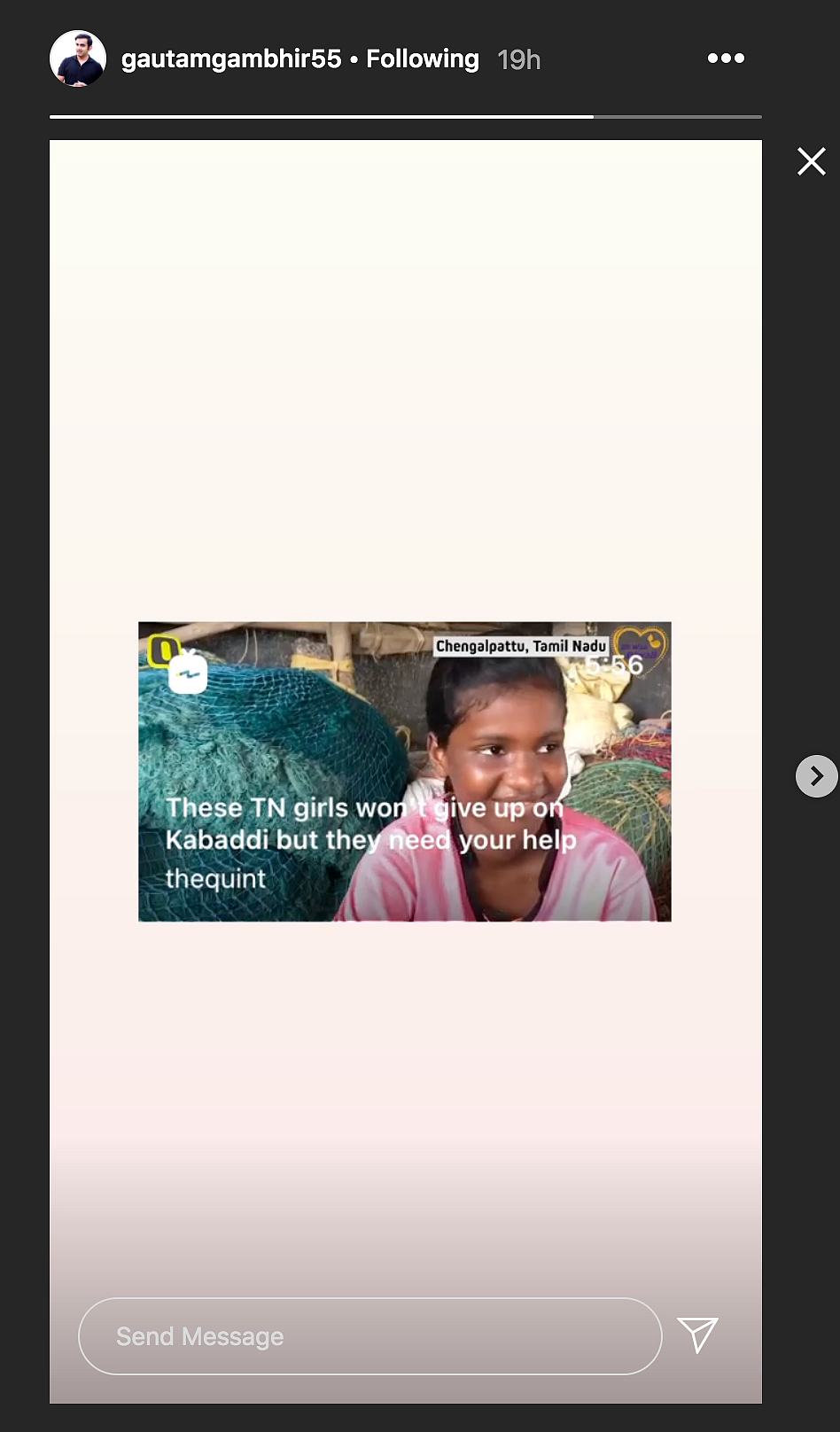 Cricketer Gautam Gambhir has shared the kabaddi girls’ story on Instagram.