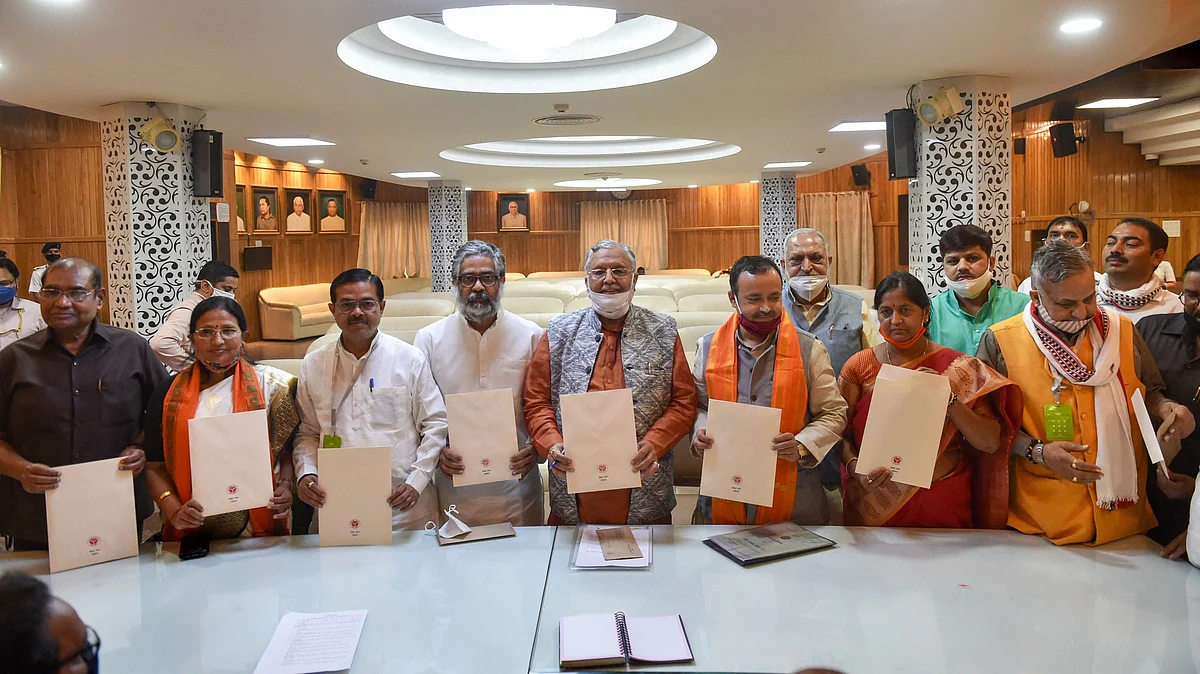 Newly elected BJP Rajya Sabha members at the Vidhan Bhavan in Lucknow
