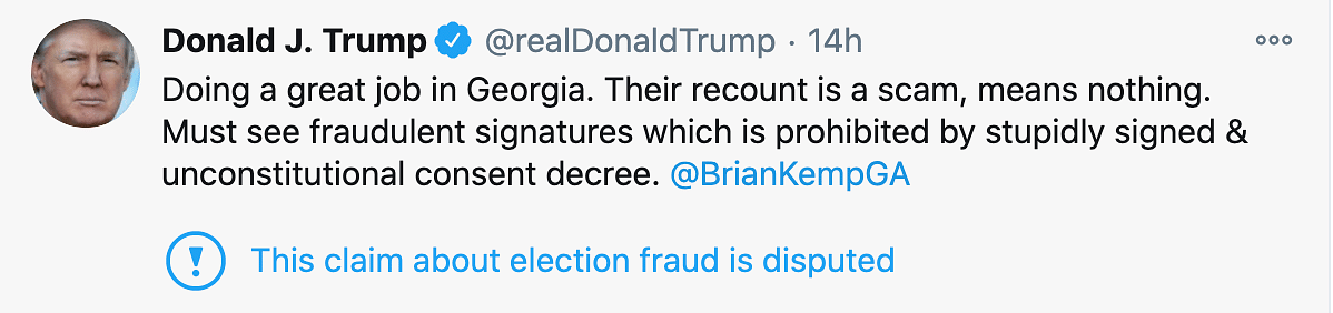 Trump retreated from this tweet saying “He (Biden) won” to saying he will continue fighting the “rigged elections.” 
