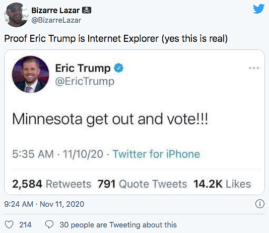 Eric Trump Trolled For Asking People To Vote a Week After Election