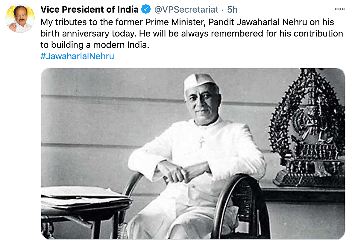 Vice President M Venkaiah Naidu offers his greetings to Nehru on his birthday.