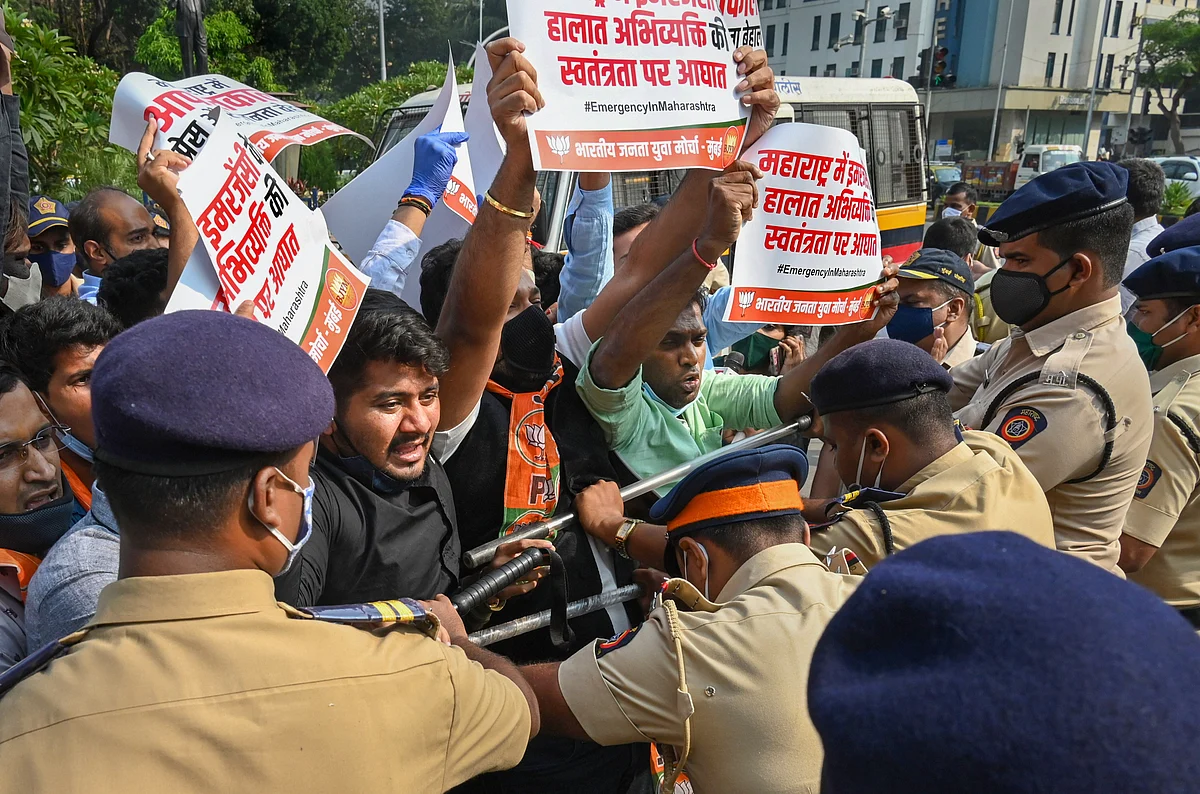 Bharatiya Janata Party (BJP) workers protest against Maharashtra government after Republic TV Editor-in-Chief Arnab Goswami was arrested for allegedly abetting the suicide of a 53-year-old interior designer in 2018, in Mumbai.