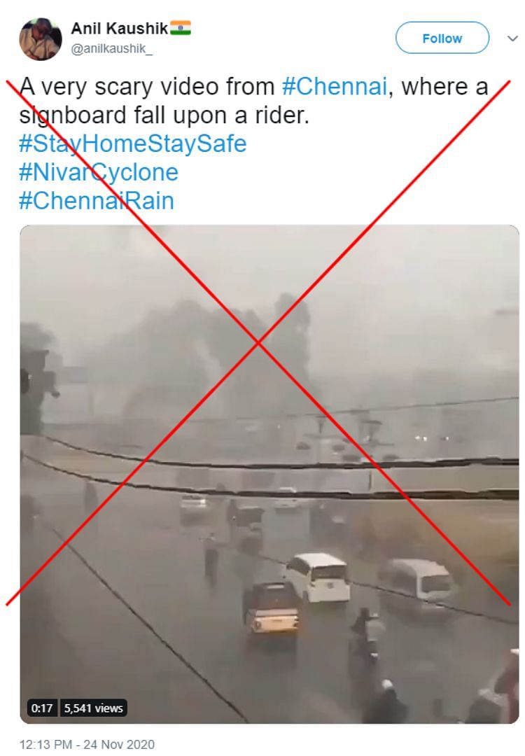 An old video from Karachi has been falsely shared as visuals of Cyclone Nivar from Chennai’s Poonamallee area.