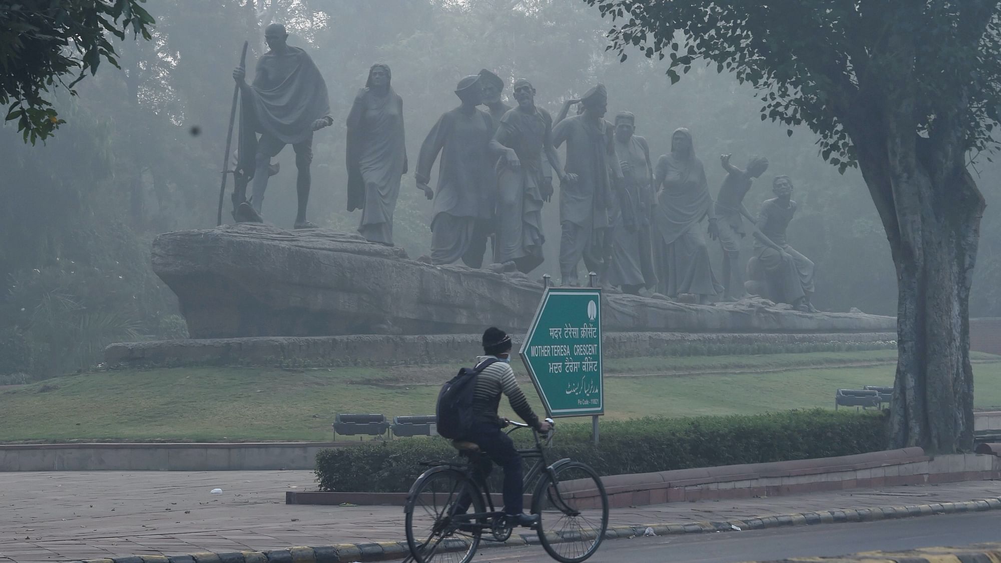 A cyclist rides through smog post Diwali celebrations, in New Delhi on Sunday, 15 November. Image used for representation only,