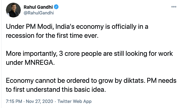 PM needs to understand that “economy cannot be ordered to grow by diktats,” said Congress leader Rahul Gandhi.