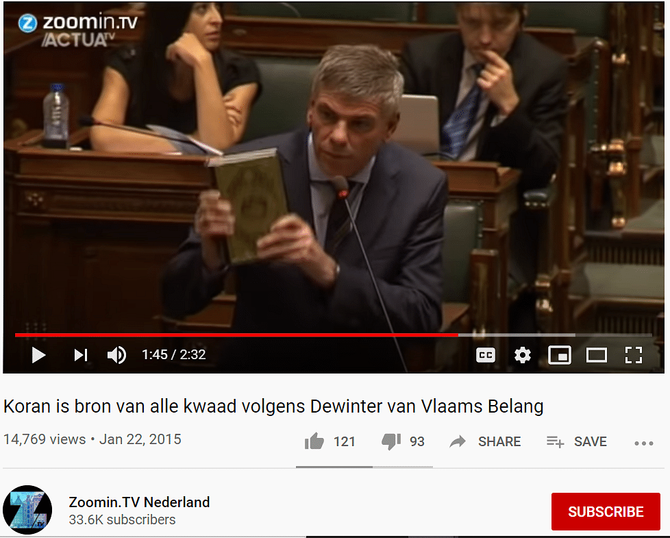The video is from 2015 when far-right political leader Dewinter remarked on the Quran in the Belgian parliament.