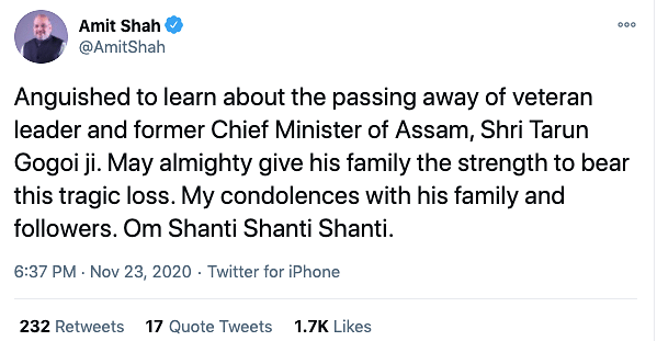  PM Modi shared that he was “anguished by his (Tarun Gogoi’s) passing away”.