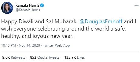 “May your new year be filled with hope, happiness, and prosperity,” Biden tweeted on Diwali. 