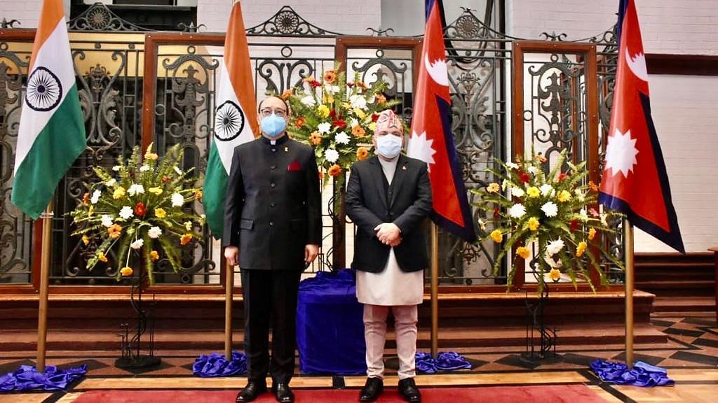 India’s Foreign Secretary Harsh Vardhan Shringla (left) with his Nepalese counterpart Bharat Paudyal in Kathmandu on Thursday, 26 November.