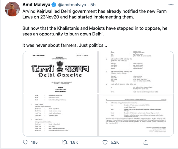 “It was never about farmers (for AAP), just politics,” BJP’s Amit Malviya had tweeted. 
