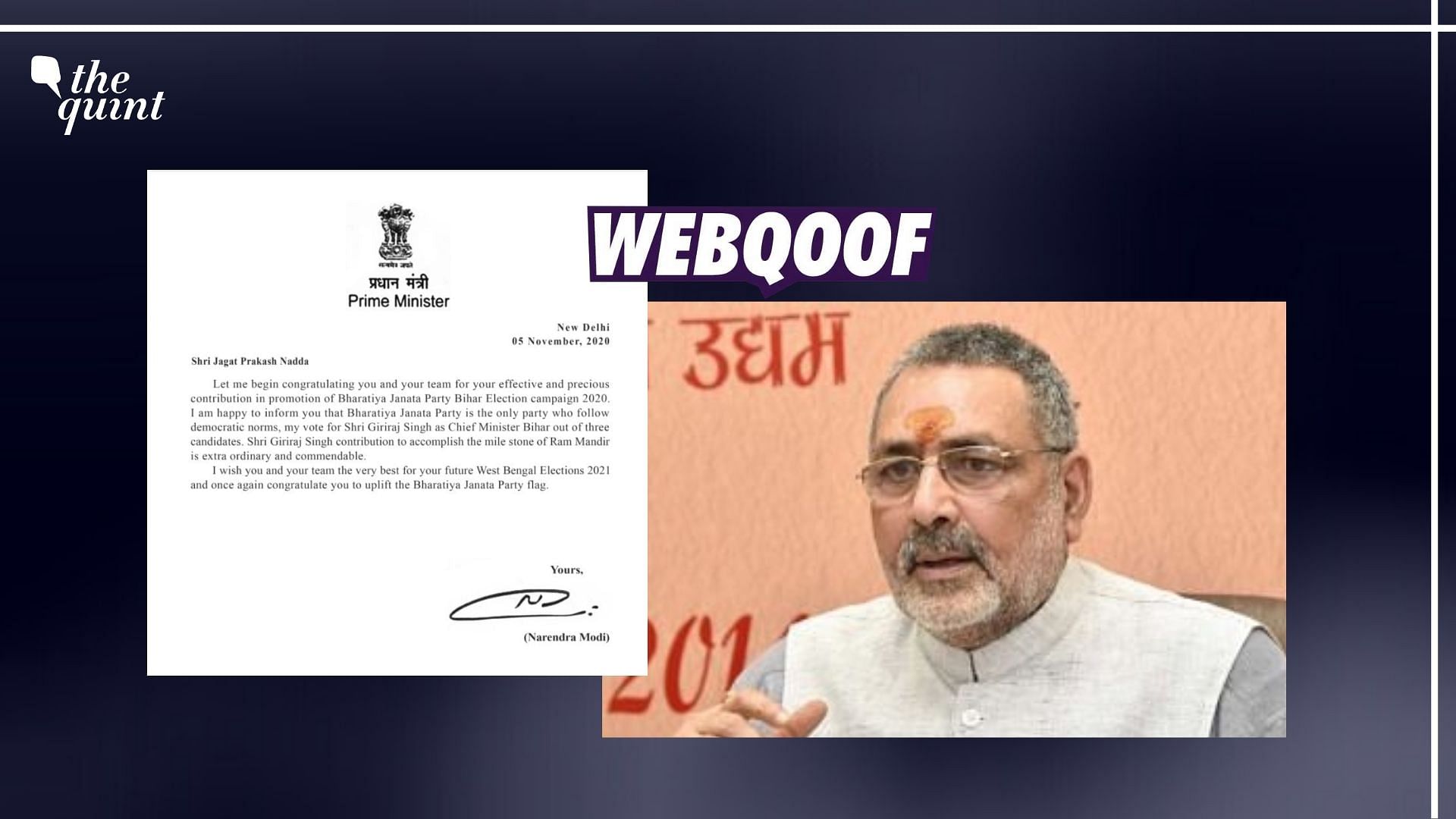 A letter endorsing Giriraj Singh as the next chief minister of Bihar and purportedly signed by Prime Minister Narendra Modi is doing the rounds on social media