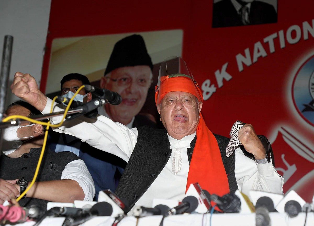 National Conference (NC) President Farooq Abdullah addresses party workers at the party headquarters, in Jammu.