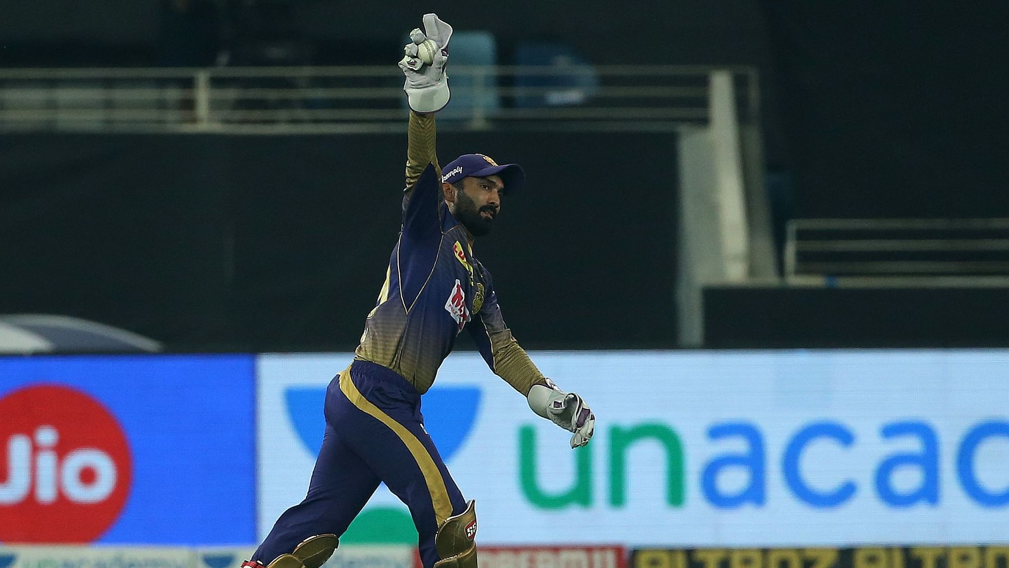 Dinesh Karthik after taking one of his four catches against Rajasthan Royals on Sunday