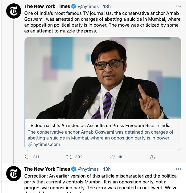 ‘Progressive’ Shiv Sena? NYT Gets Flak for Arnab Tweet, Deletes It