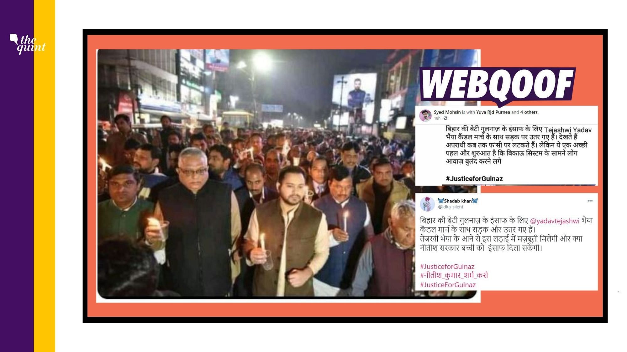 A photograph of Rashtriya Janata Dal (RJD) leader Tejashwi Yadav participating in a candle march in 2018 has gone viral on social media with a false claim.