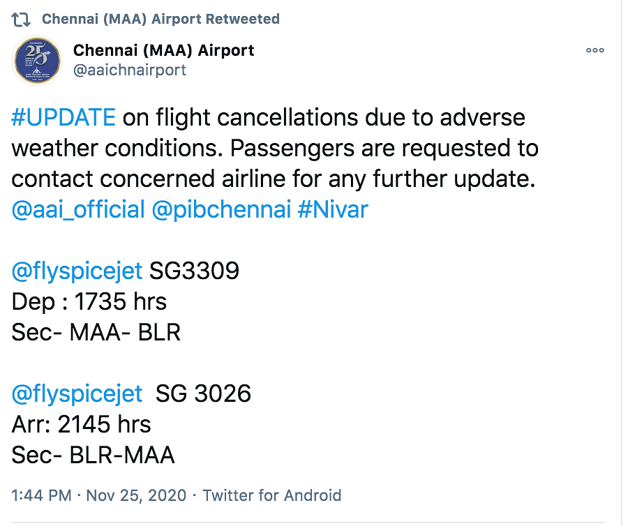 Aircraft operations at Chennai airport will remain suspended from 7 pm on Wednesday to 7 am Thursday.