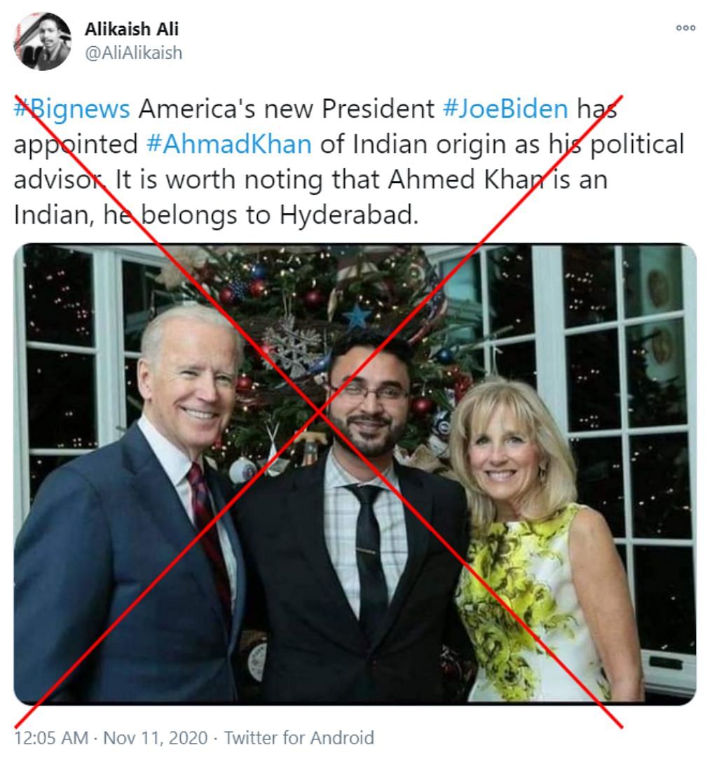 Ahmed Khan confirmed that the claim is false and that he hadn’t been asked to be a political advisor to Biden.