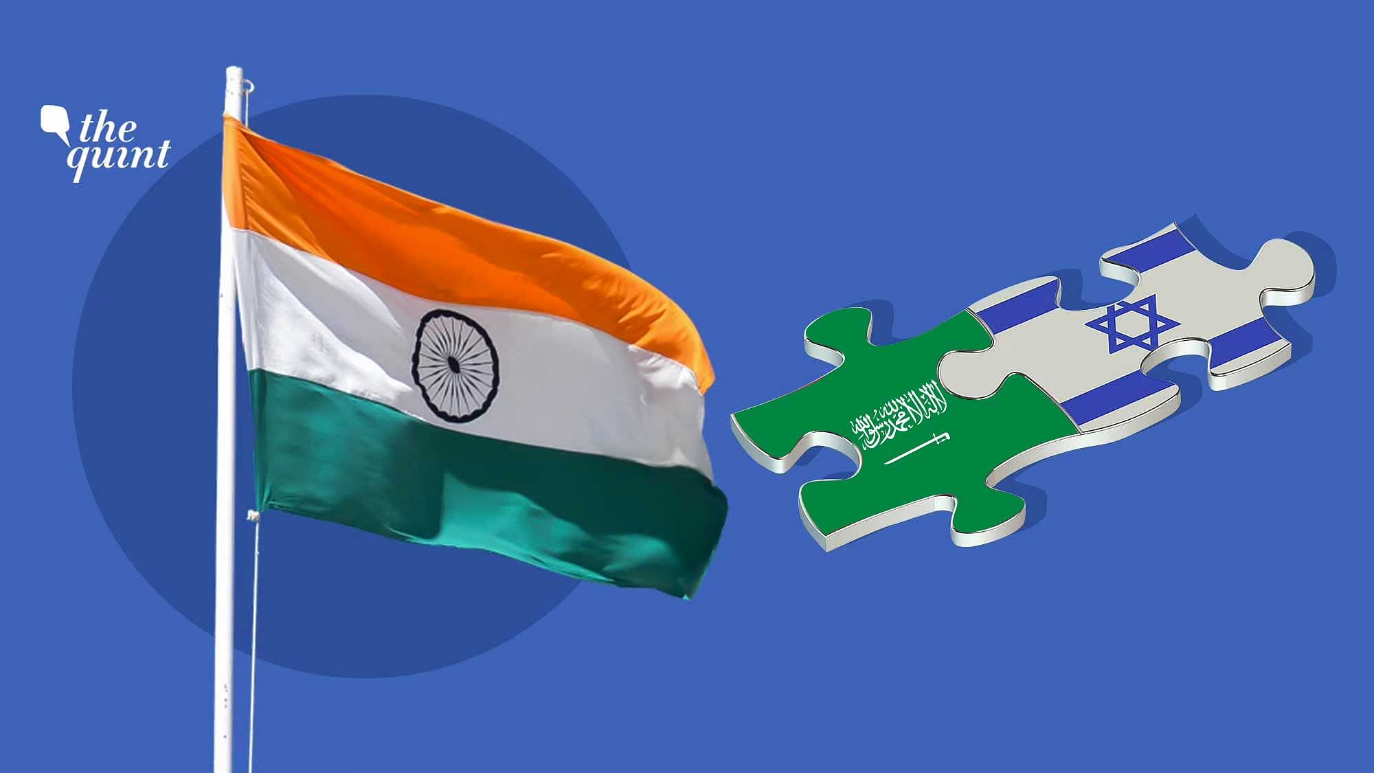 Image of Indian flag (foregrounded) and Saudi Arabian and Israeli flags (L &amp; R) used for representational purposes.