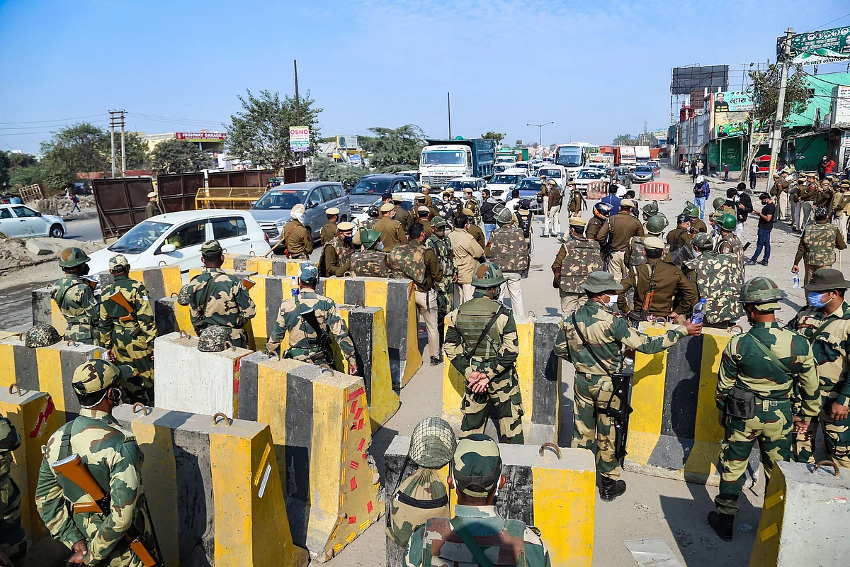 Enhanced security at Singhu border in view of the Delhi Chalo protest march by farmers against the new farm laws, in New Delhi