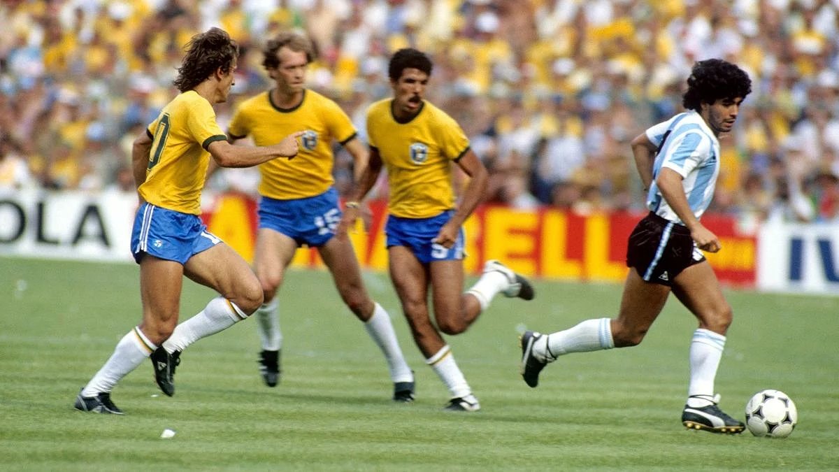 Maradona in action against Brazil. 