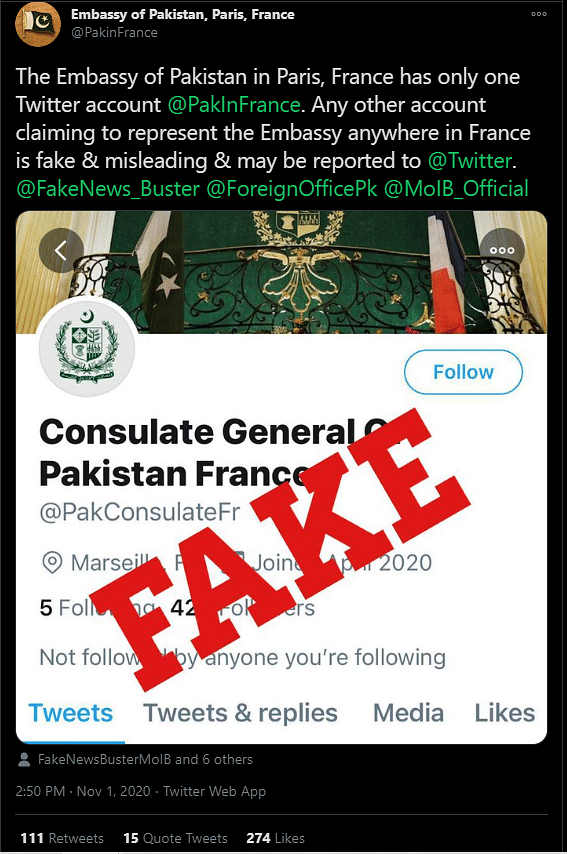 The fake tweet was posted by an imposter account of the Pakistani embassy in France.