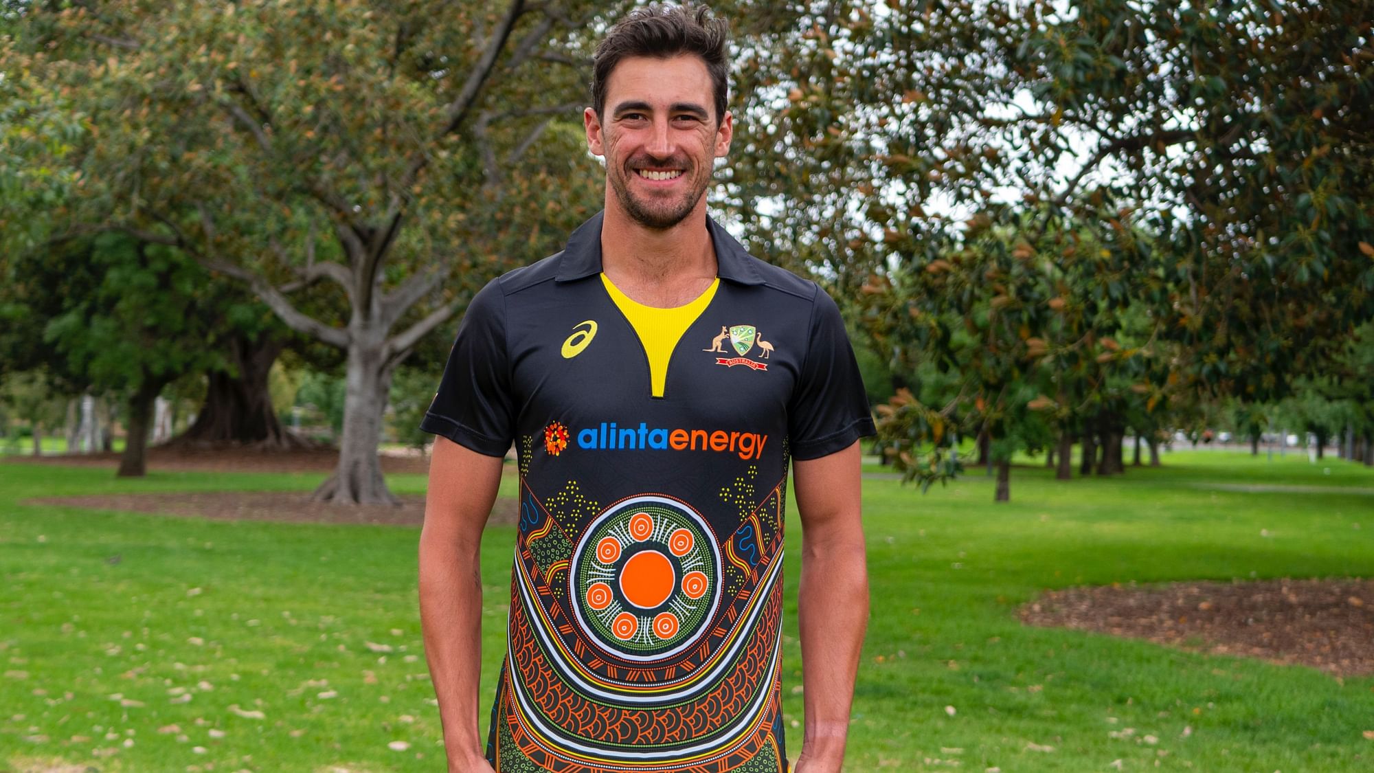 Australian fast bowler Mitchell Starc during the photoshoot wearing the indigenous jersey.