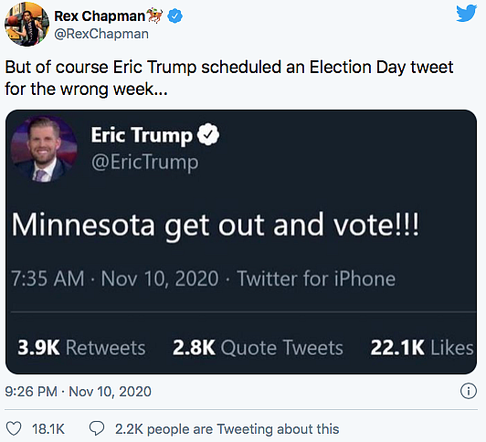 Eric Trump Trolled For Asking People To Vote a Week After Election