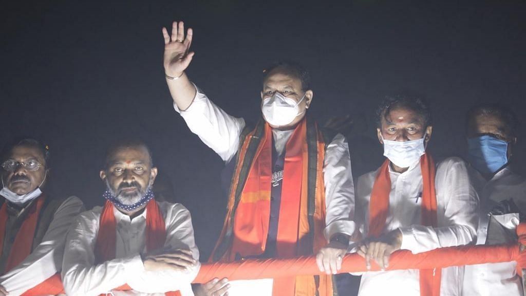 Nadda held a road show in Hyderabad ahead of GHMC elections along with BJP Chief Bandi Sanjay and others.
