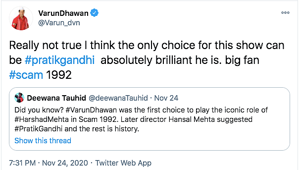 Varun Denies Being the First Choice For Harshad Mehta in Scam 1992