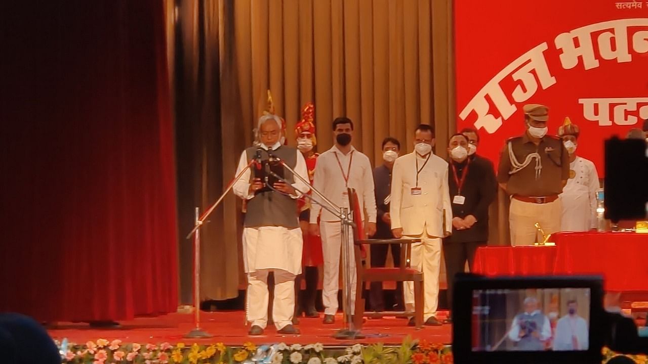 Nitish Kumar being sworn in as Bihar Chief Minister for a fourth term.
