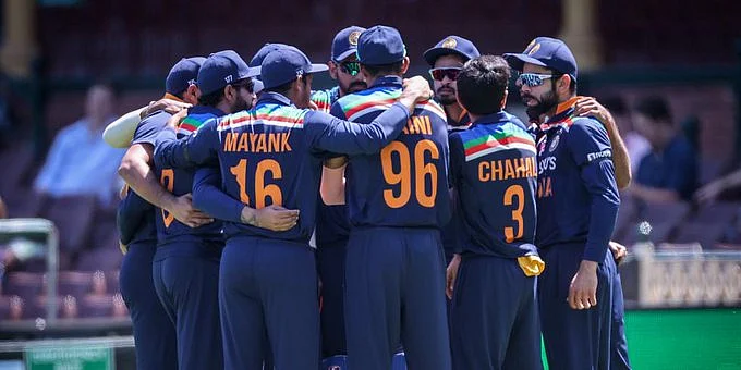 Indian cricket team in a huddle before the start of play in the first ODI. 