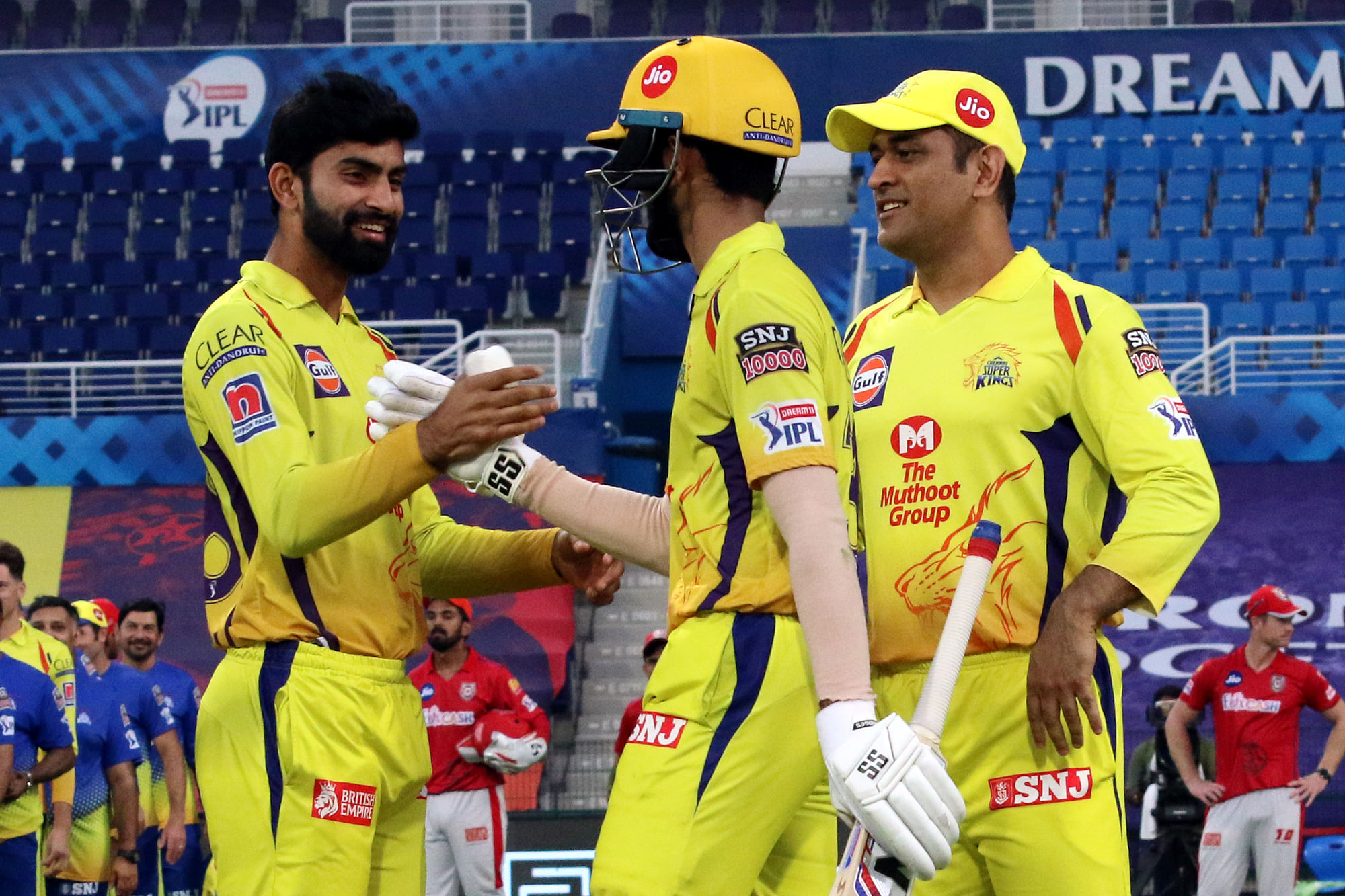 CSK players celebrate their win against KXIP during match 53 of season 13 of the Dream 11 Indian Premier League (IPL) between the Chennai Super Kings and the Kings XI Punjab.