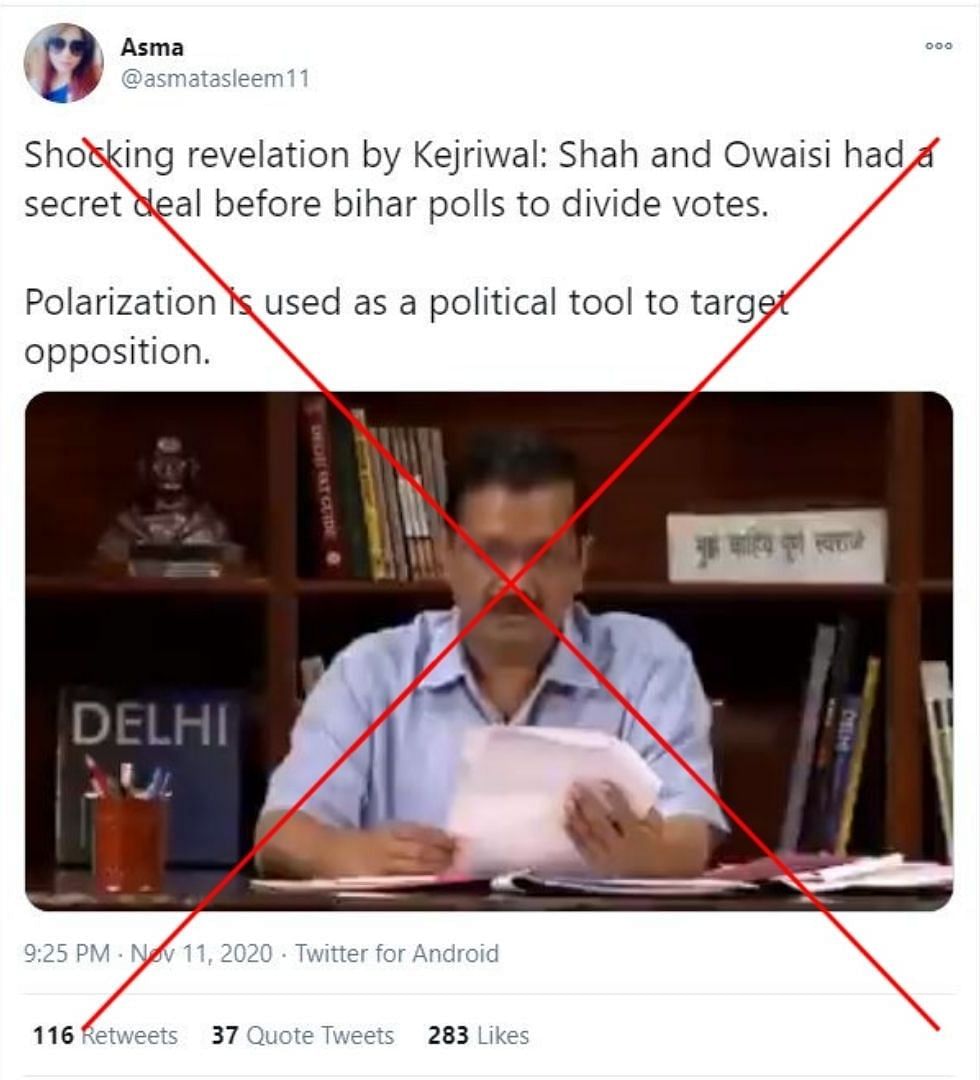 “Shocking revelation by Kejriwal: Shah and Owaisi had a secret deal before Bihar polls,” the claim reads.