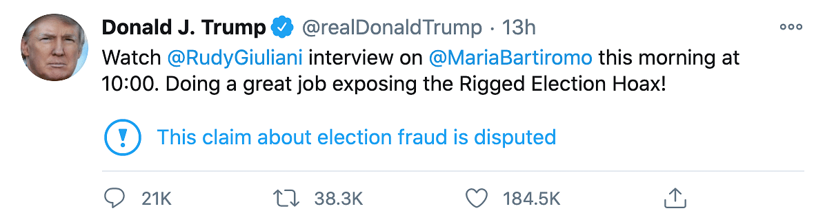 Trump retreated from this tweet saying “He (Biden) won” to saying he will continue fighting the “rigged elections.” 