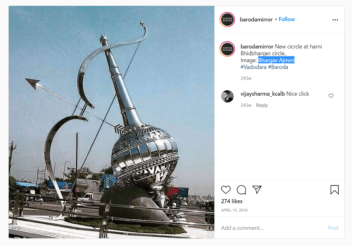 The viral photo shows a sculpture with a mace, bow and arrow at the Gada circle in Vadodara, Gujarat.