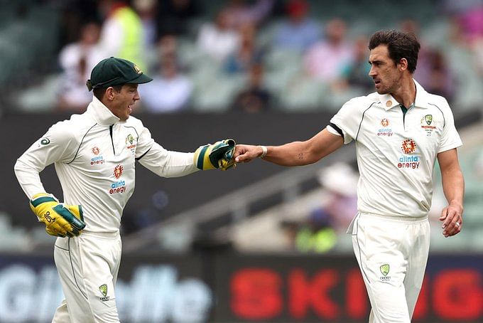 Tim Paine and Mitchell Starc celebrate the wicket of Prithvi Shaw.&nbsp;