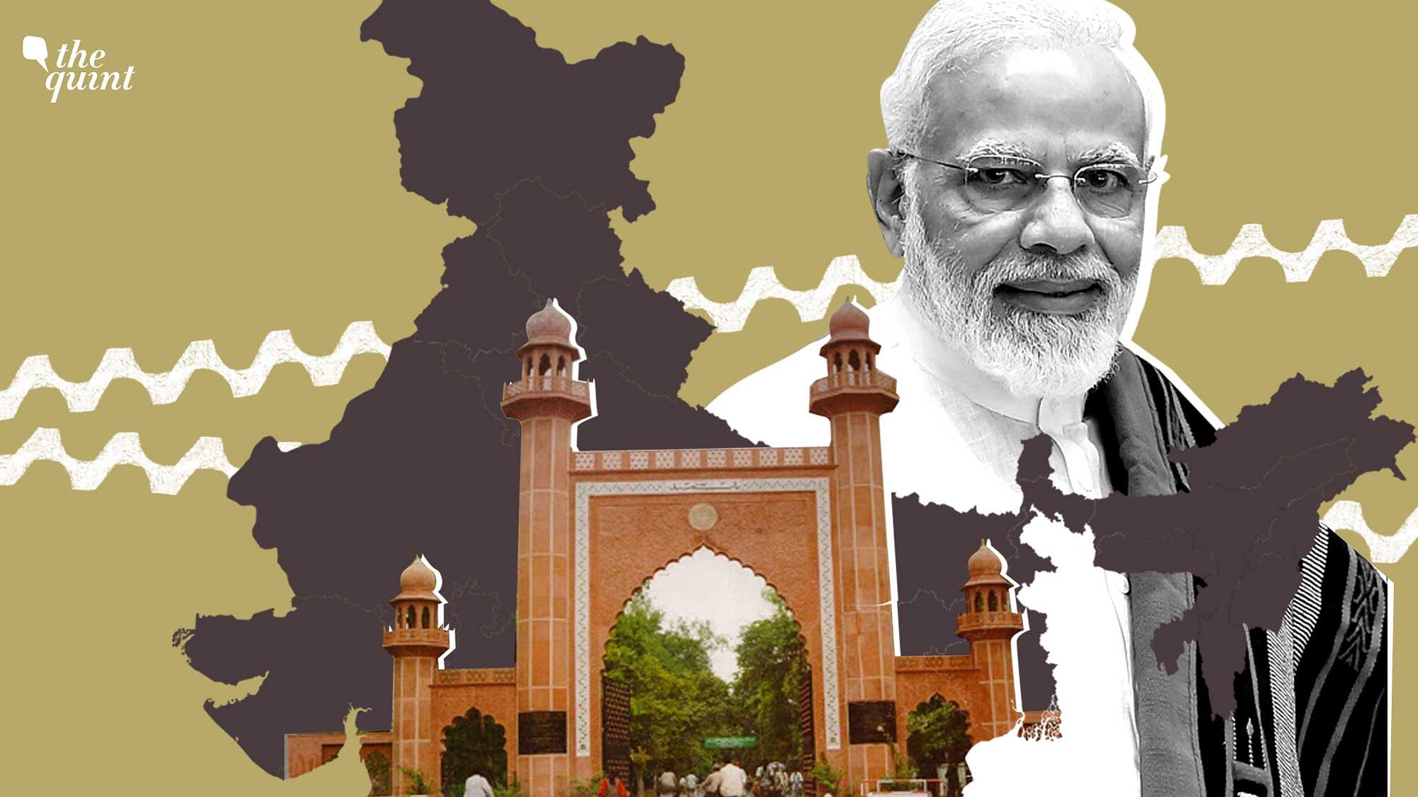 Image of PM Modi, map of India (in the background), and Aligarh Muslim University used for representational purposes.