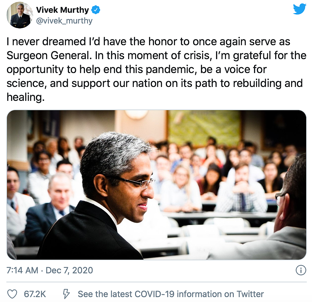 Dr Vivek Murthy to Return as US Surgeon General Under Biden