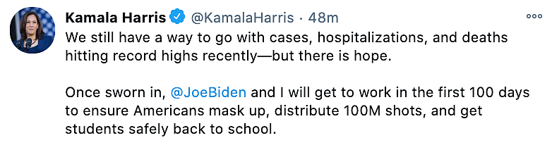 Kamala Harris says managing the COVID-19 crisis will be a priority for the Biden administration