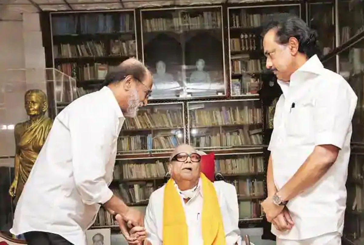 Actor Rajinikanth with DMK supremo Karunanidhi and DMK President MK Stalin. 