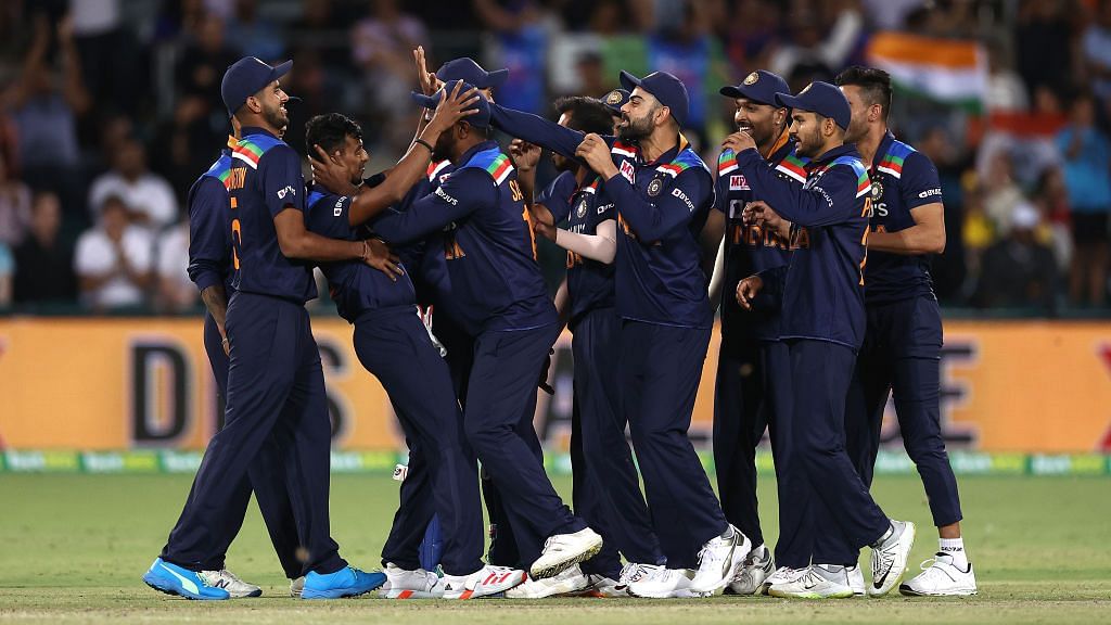 India celebrate a wicket against Australia.&nbsp;