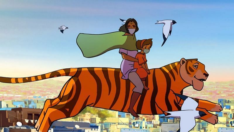 Indian superhero Priya and the flying tiger Sahas in a still from animated film <i>Priya's Mask</i>.