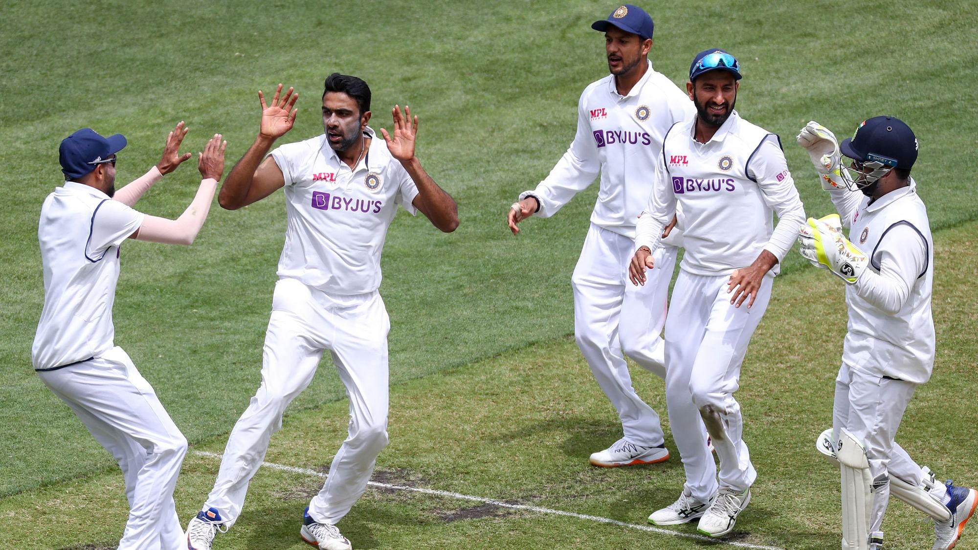 R Ashwin celebrates the wicket of Marnus Labuschagne in Melbourne.&nbsp;