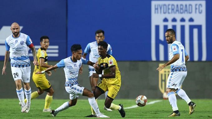 Action from the match between Hyderabad FC and Jamshedpur FC