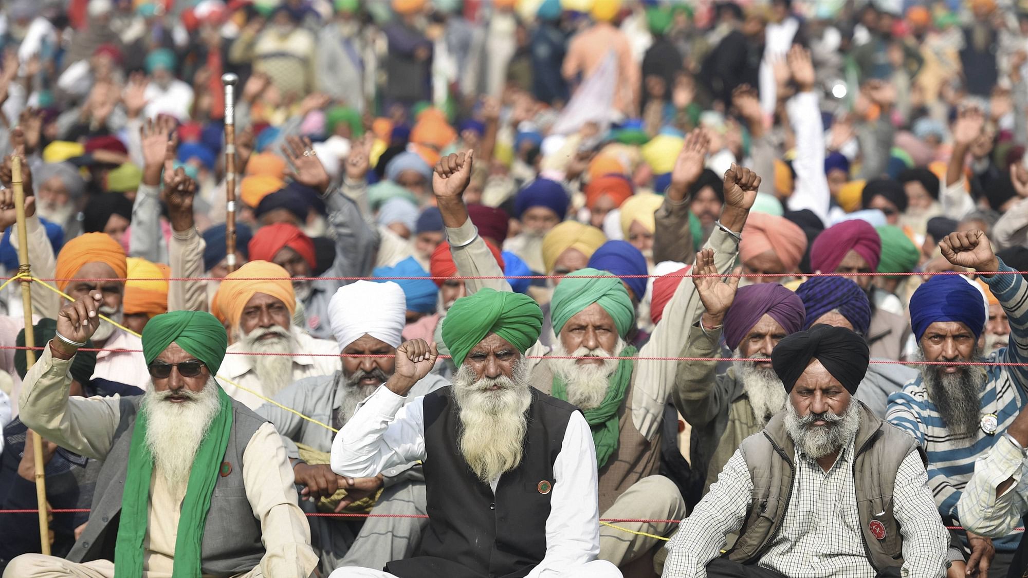 Farmers stage a protest at Singhu border during their Delhi Chalo march against the Centres new farm laws, in New Delhi, Tuesday, 1 December 2020. Image used for representational purposes.&nbsp;