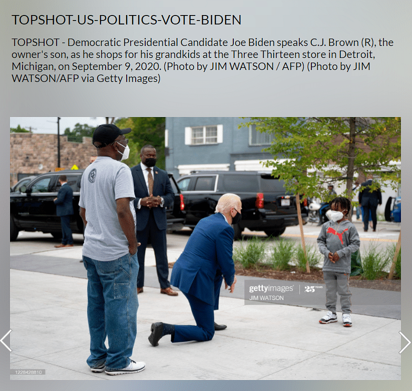 The image is from Biden’s campaign in Michigan when he was interacting with the son of an apparel store’s owner.