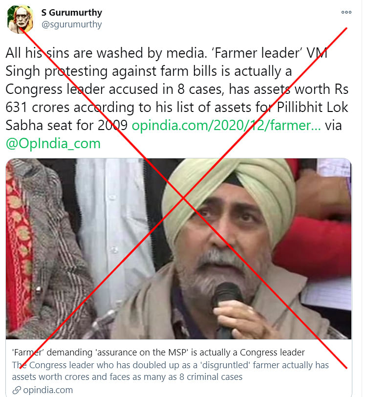 The claim that farmer leader VM Singh is associated with the Indian National Congress is false.